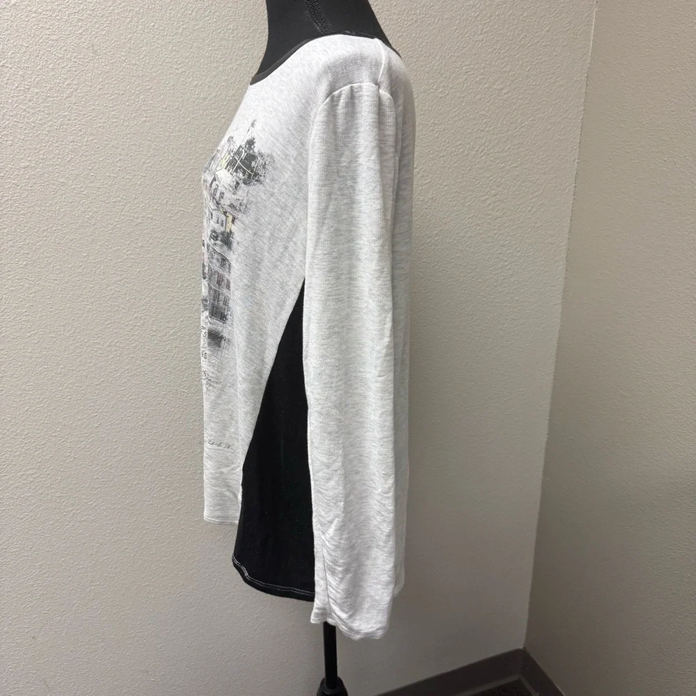 Cato Cream Black Graphic Top XL Paris City Print Rhinestone Long Sleeve - Picture 5 of 12